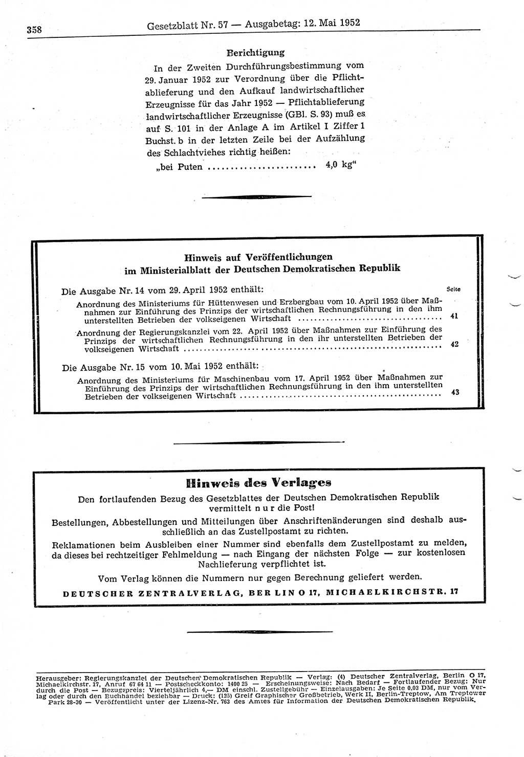 Gesetzblatt (GBl.) der Deutschen Demokratischen Republik (DDR) 1952, Seite 358 (GBl. DDR 1952, S. 358)