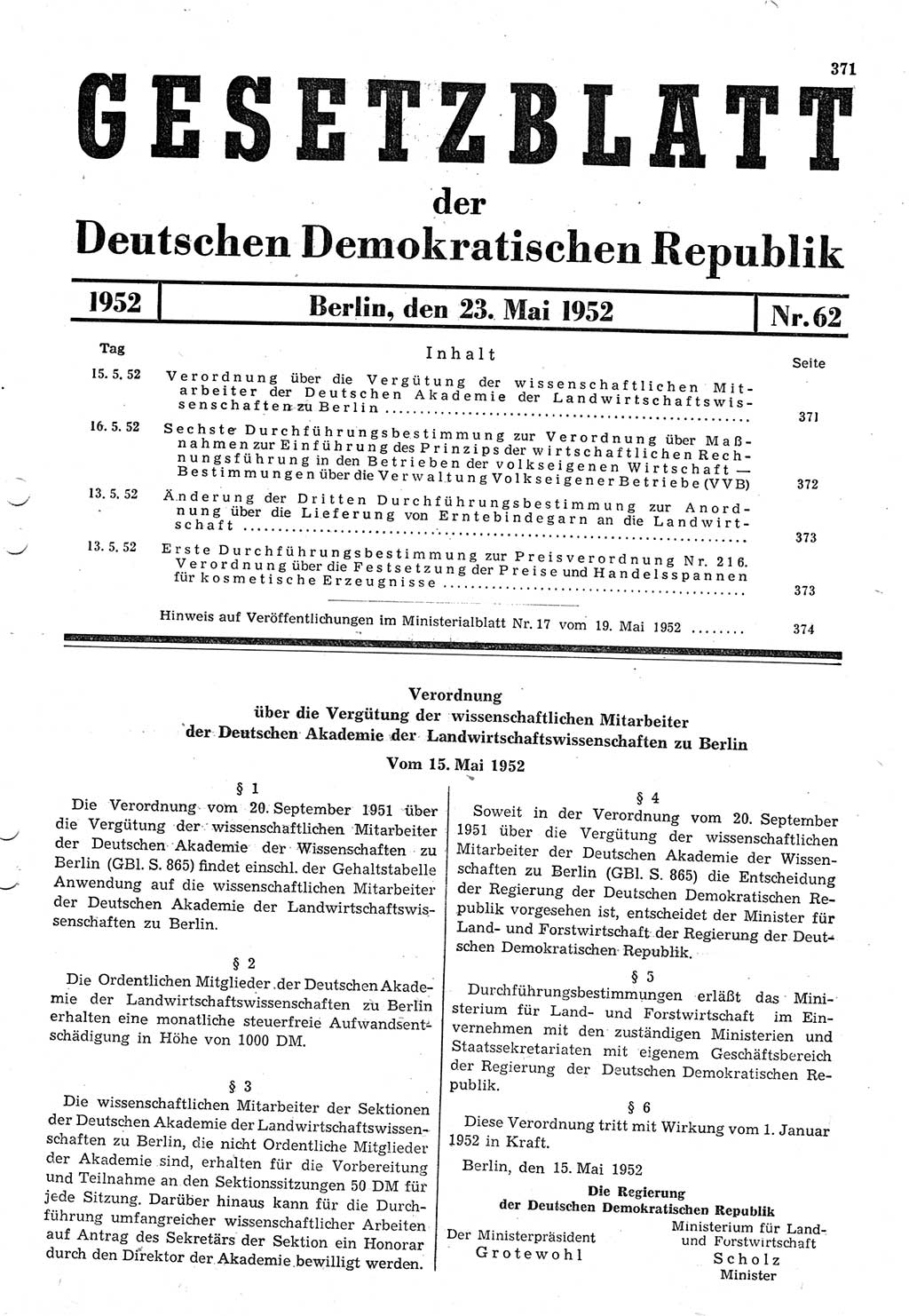 Gesetzblatt (GBl.) der Deutschen Demokratischen Republik (DDR) 1952, Seite 371 (GBl. DDR 1952, S. 371)
