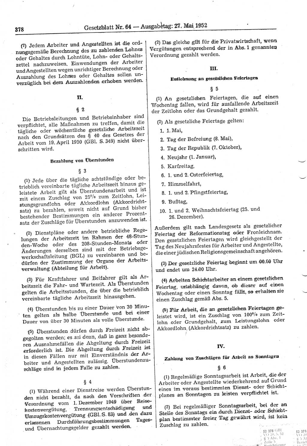 Gesetzblatt (GBl.) der Deutschen Demokratischen Republik (DDR) 1952, Seite 378 (GBl. DDR 1952, S. 378)