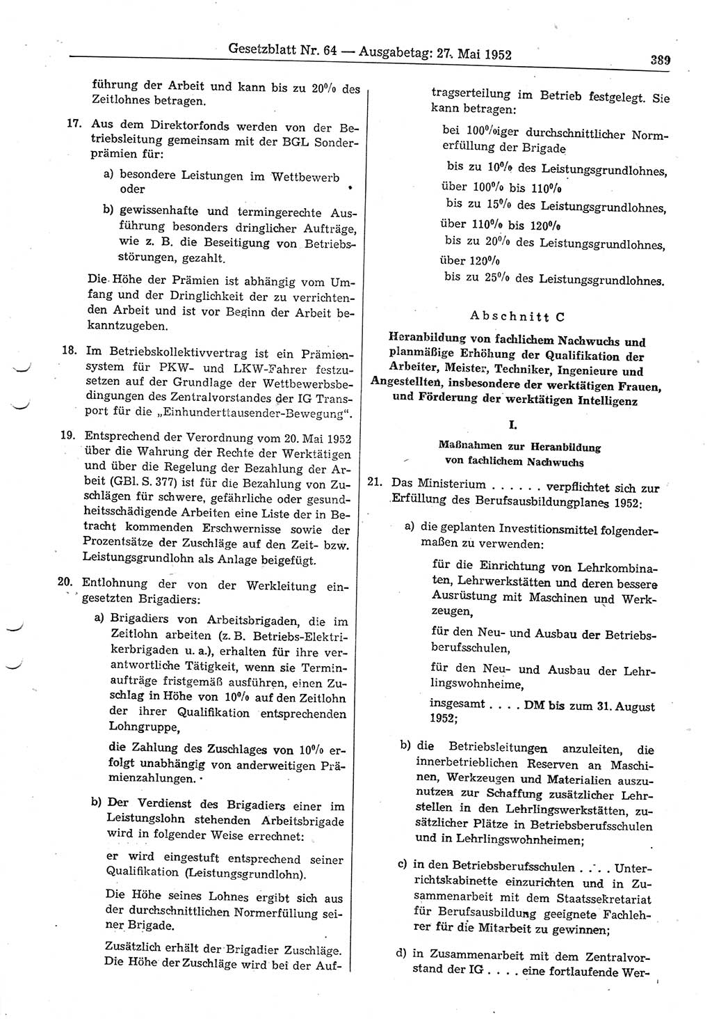 Gesetzblatt (GBl.) der Deutschen Demokratischen Republik (DDR) 1952, Seite 389 (GBl. DDR 1952, S. 389)
