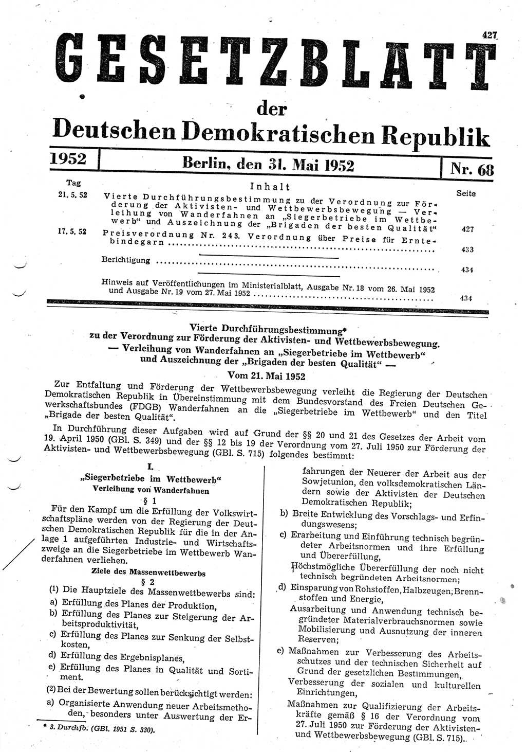 Gesetzblatt (GBl.) der Deutschen Demokratischen Republik (DDR) 1952, Seite 427 (GBl. DDR 1952, S. 427)