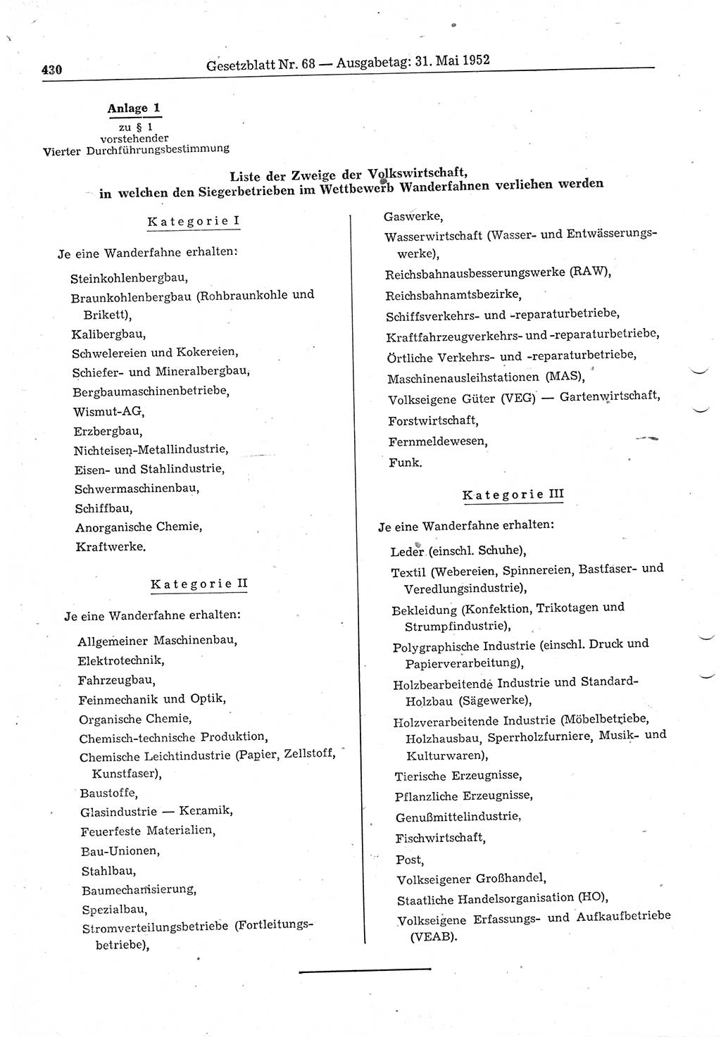 Gesetzblatt (GBl.) der Deutschen Demokratischen Republik (DDR) 1952, Seite 430 (GBl. DDR 1952, S. 430)