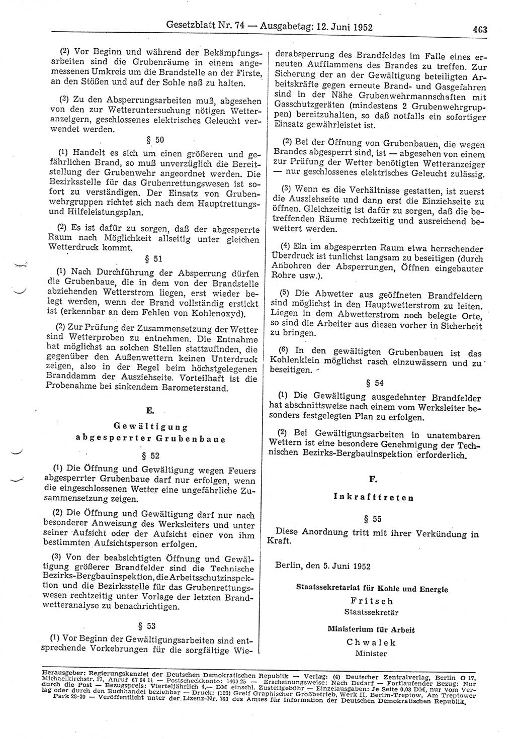 Gesetzblatt (GBl.) der Deutschen Demokratischen Republik (DDR) 1952, Seite 463 (GBl. DDR 1952, S. 463)