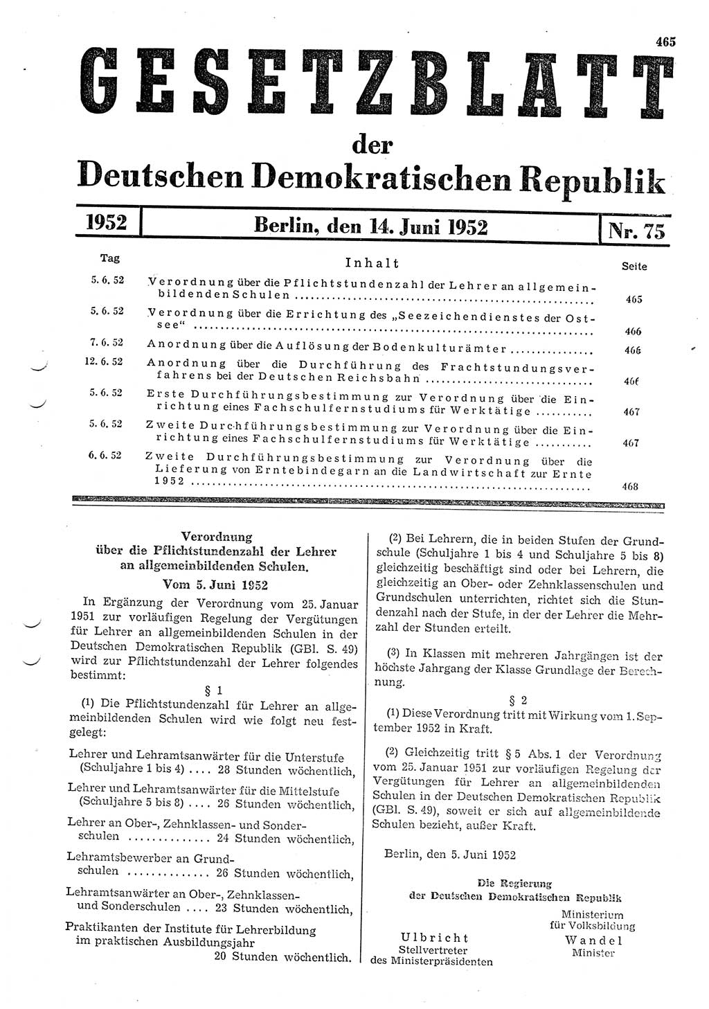 Gesetzblatt (GBl.) der Deutschen Demokratischen Republik (DDR) 1952, Seite 465 (GBl. DDR 1952, S. 465)