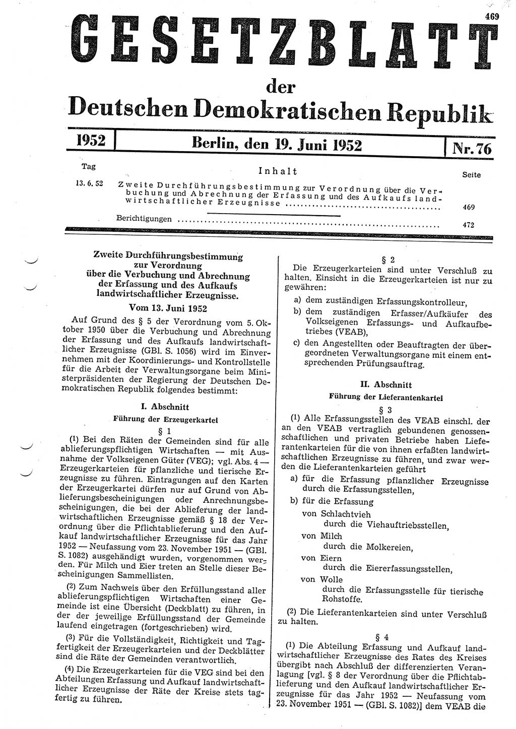 Gesetzblatt (GBl.) der Deutschen Demokratischen Republik (DDR) 1952, Seite 469 (GBl. DDR 1952, S. 469)