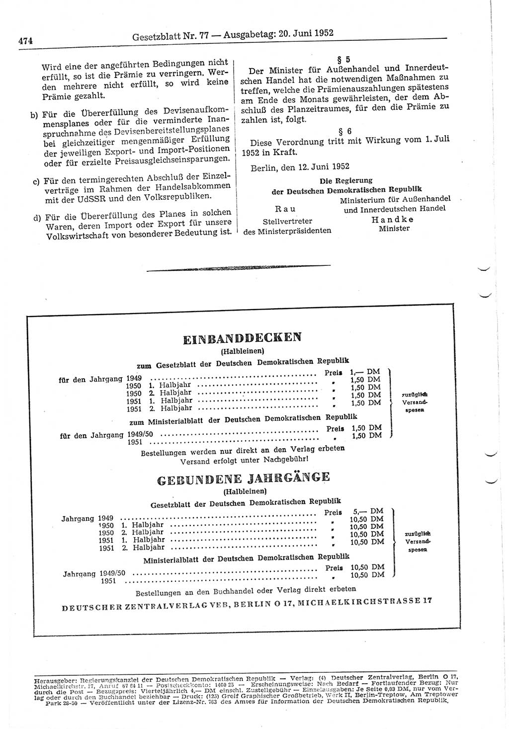 Gesetzblatt (GBl.) der Deutschen Demokratischen Republik (DDR) 1952, Seite 474 (GBl. DDR 1952, S. 474)