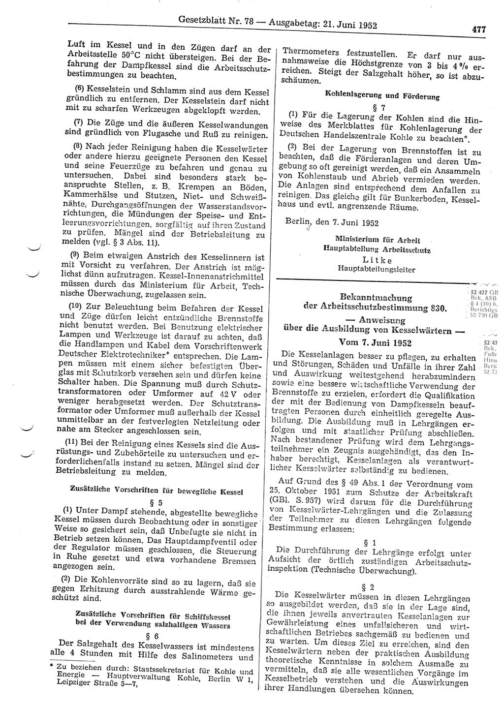 Gesetzblatt (GBl.) der Deutschen Demokratischen Republik (DDR) 1952, Seite 477 (GBl. DDR 1952, S. 477)