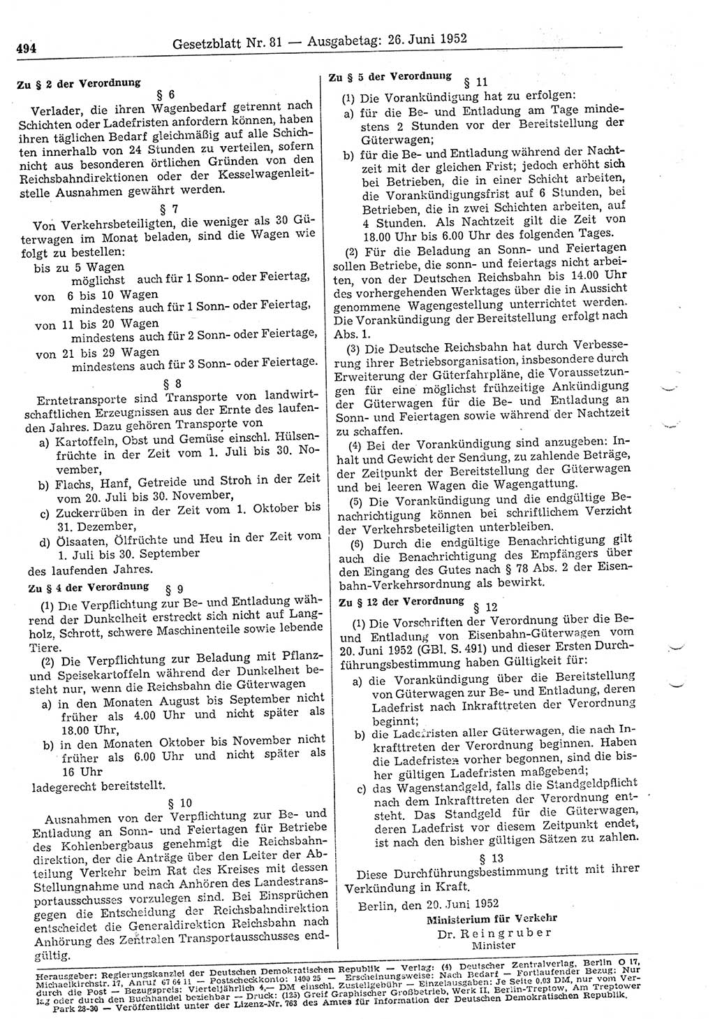 Gesetzblatt (GBl.) der Deutschen Demokratischen Republik (DDR) 1952, Seite 494 (GBl. DDR 1952, S. 494)