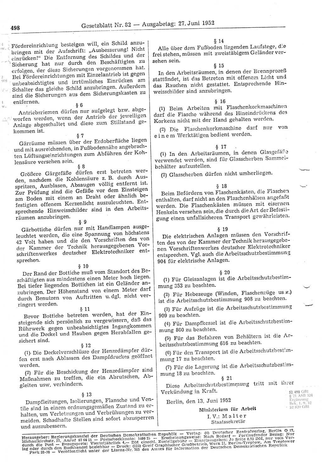 Gesetzblatt (GBl.) der Deutschen Demokratischen Republik (DDR) 1952, Seite 498 (GBl. DDR 1952, S. 498)