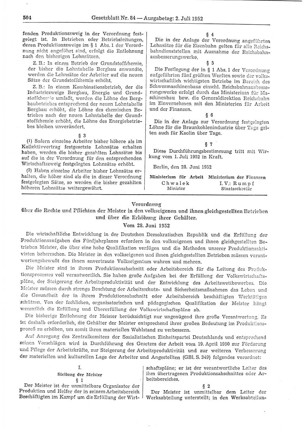 Gesetzblatt (GBl.) der Deutschen Demokratischen Republik (DDR) 1952, Seite 504 (GBl. DDR 1952, S. 504)