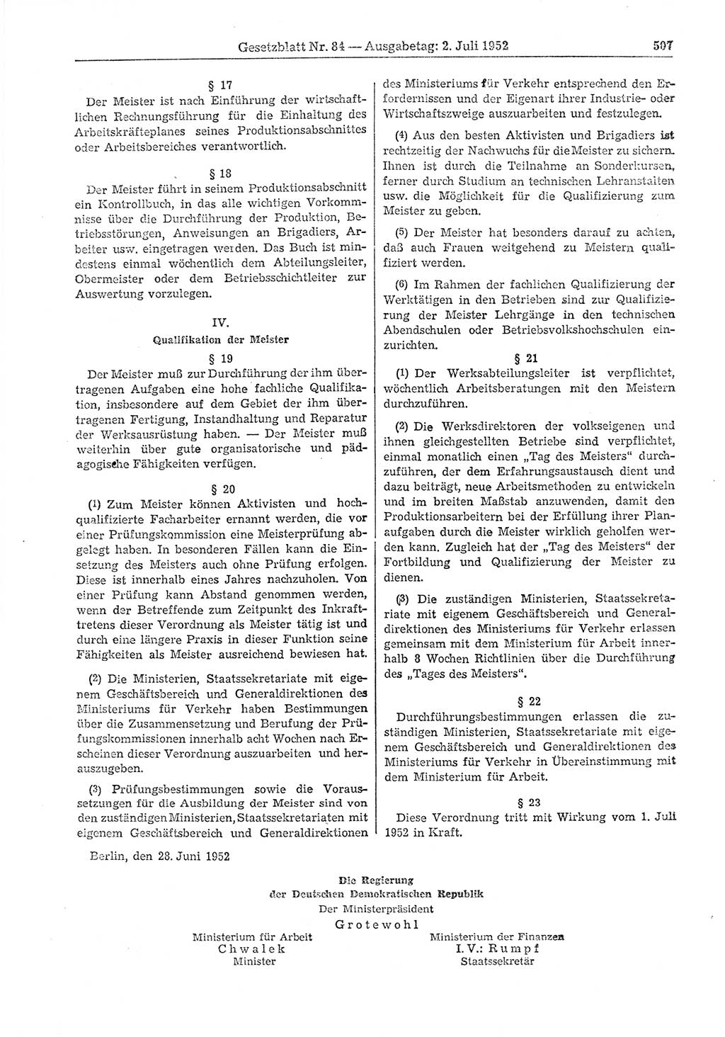 Gesetzblatt (GBl.) der Deutschen Demokratischen Republik (DDR) 1952, Seite 507 (GBl. DDR 1952, S. 507)