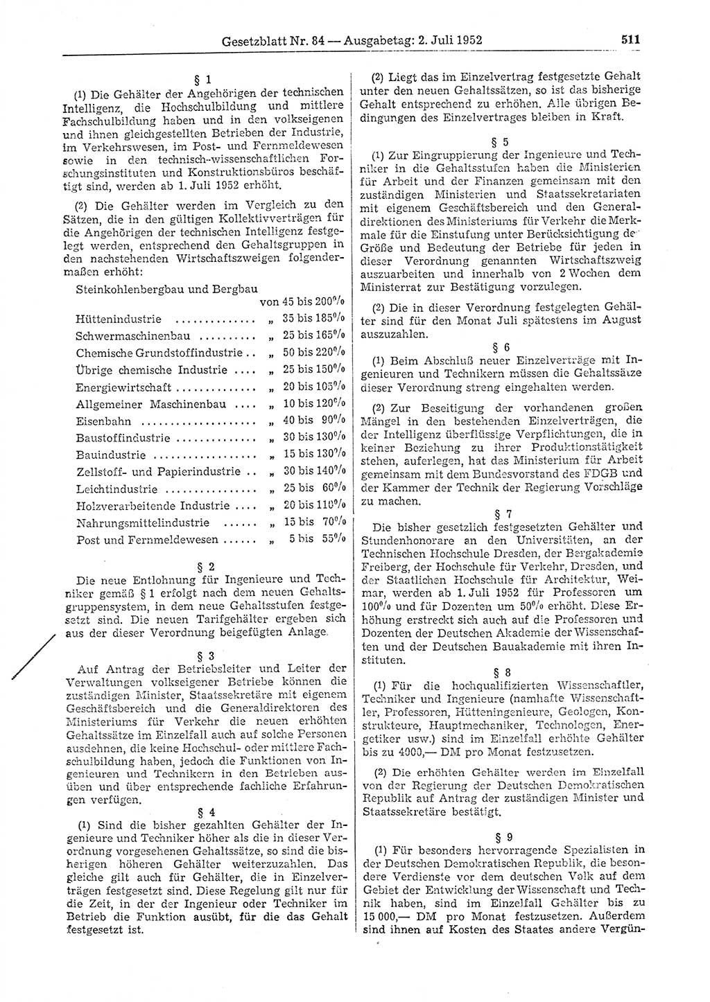 Gesetzblatt (GBl.) der Deutschen Demokratischen Republik (DDR) 1952, Seite 511 (GBl. DDR 1952, S. 511)
