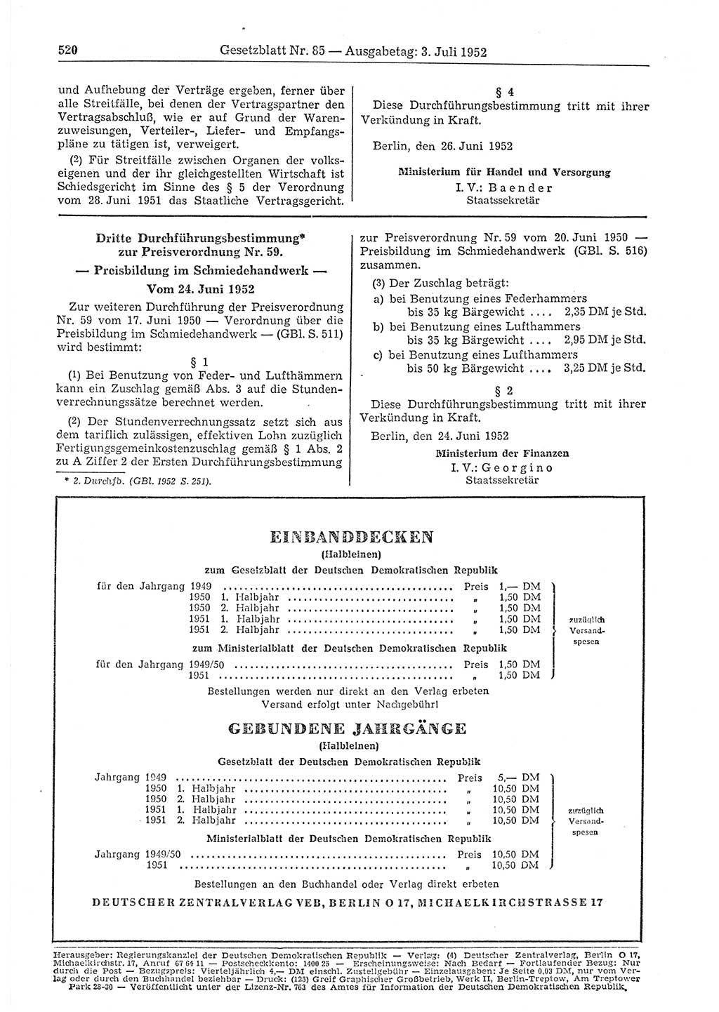 Gesetzblatt (GBl.) der Deutschen Demokratischen Republik (DDR) 1952, Seite 520 (GBl. DDR 1952, S. 520)