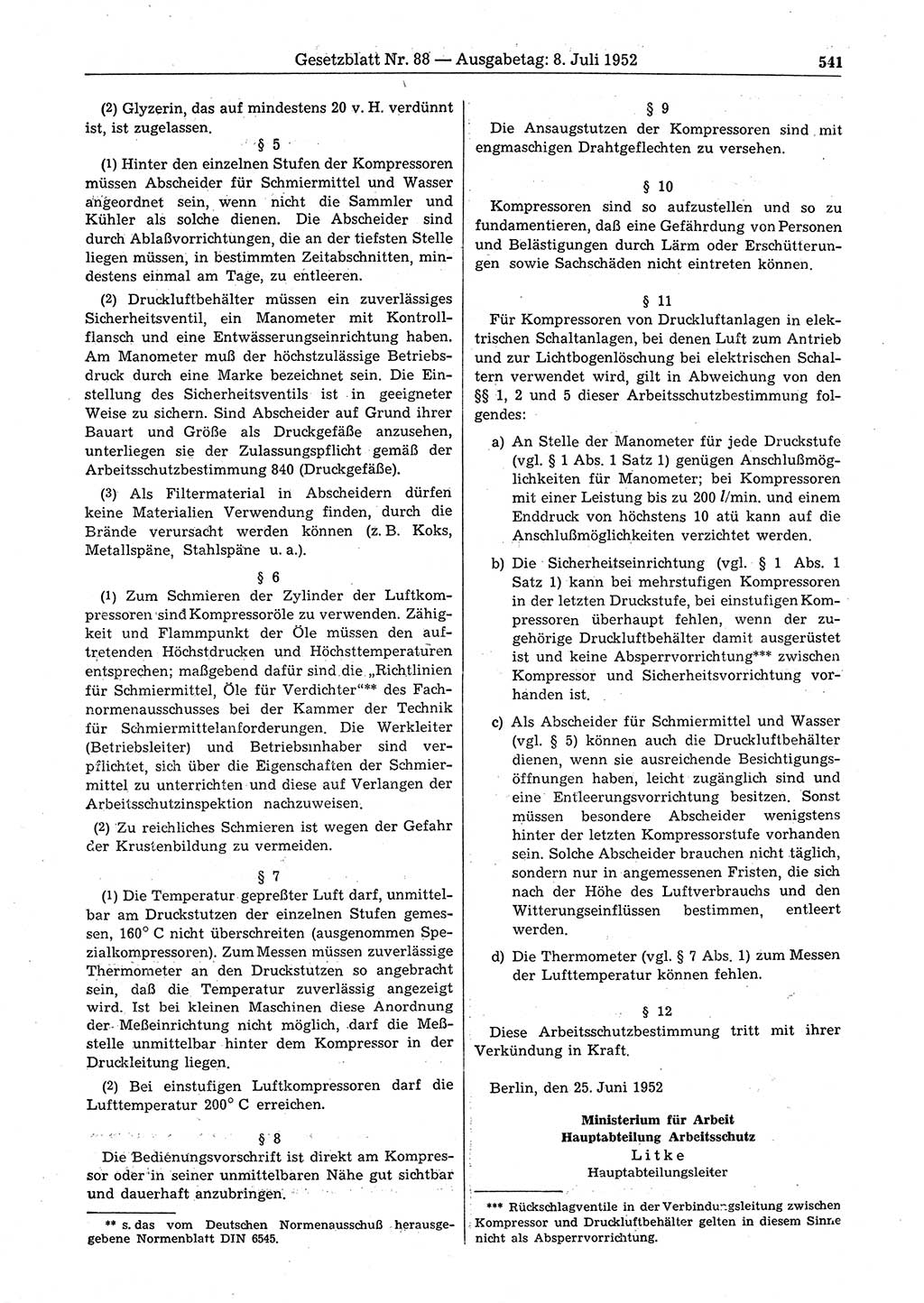 Gesetzblatt (GBl.) der Deutschen Demokratischen Republik (DDR) 1952, Seite 541 (GBl. DDR 1952, S. 541)