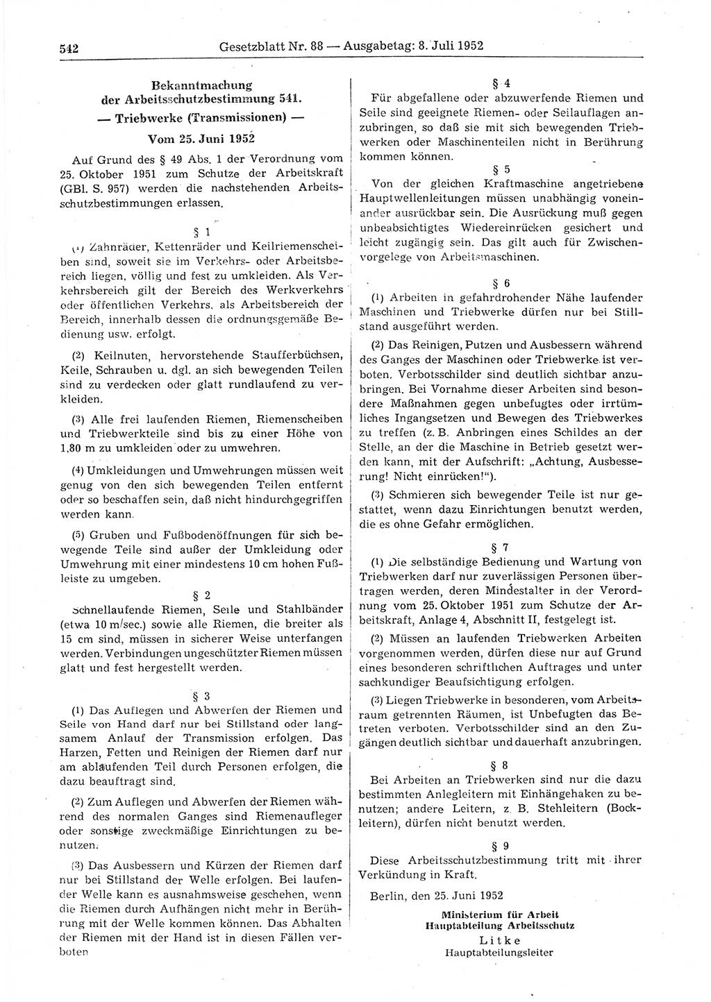 Gesetzblatt (GBl.) der Deutschen Demokratischen Republik (DDR) 1952, Seite 542 (GBl. DDR 1952, S. 542)