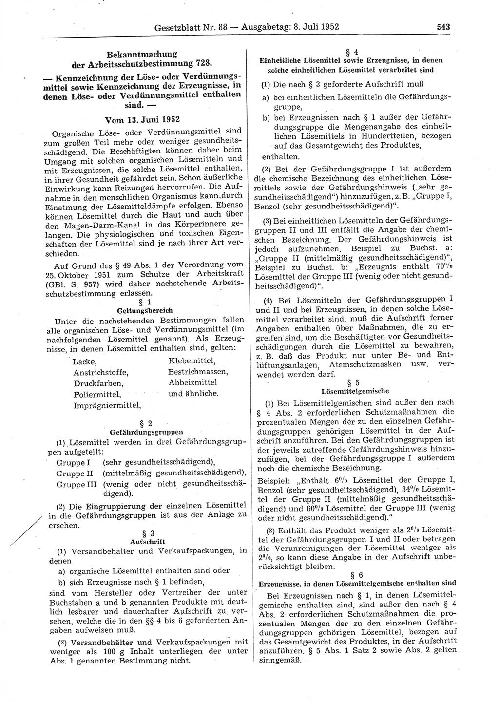Gesetzblatt (GBl.) der Deutschen Demokratischen Republik (DDR) 1952, Seite 543 (GBl. DDR 1952, S. 543)