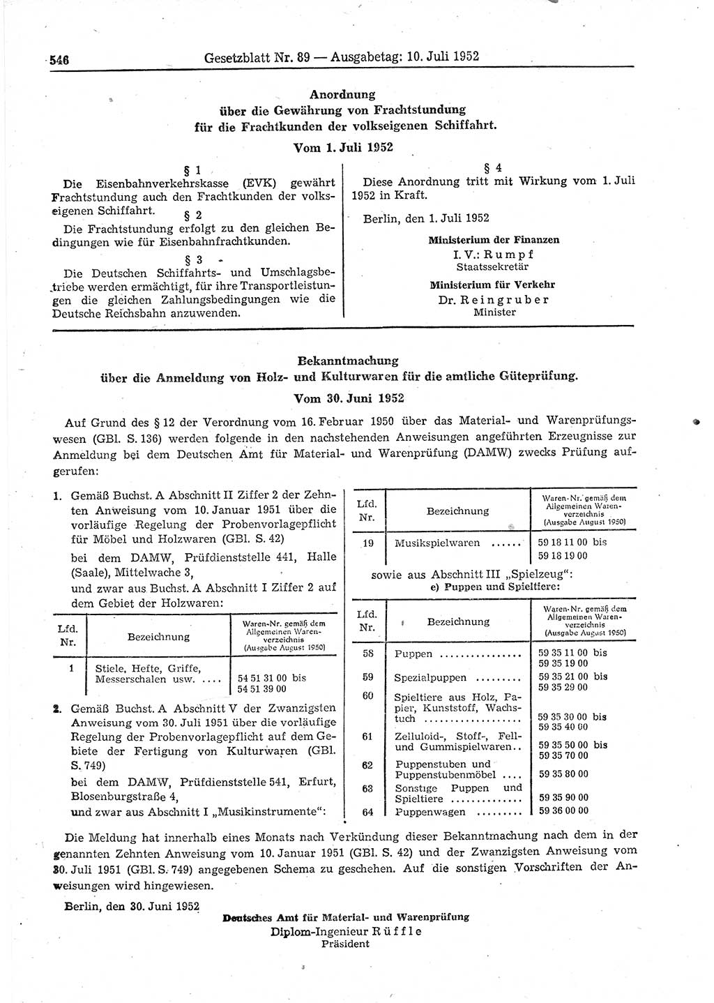 Gesetzblatt (GBl.) der Deutschen Demokratischen Republik (DDR) 1952, Seite 546 (GBl. DDR 1952, S. 546)