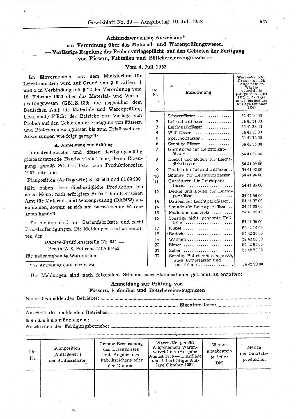 Gesetzblatt (GBl.) der Deutschen Demokratischen Republik (DDR) 1952, Seite 547 (GBl. DDR 1952, S. 547)