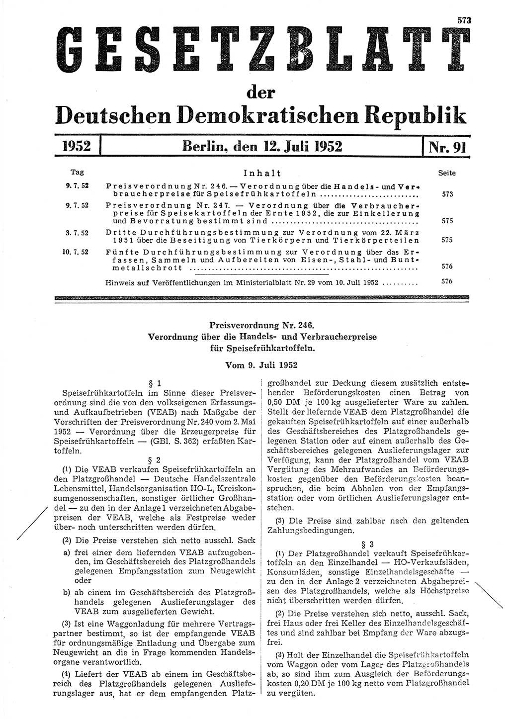 Gesetzblatt (GBl.) der Deutschen Demokratischen Republik (DDR) 1952, Seite 573 (GBl. DDR 1952, S. 573)