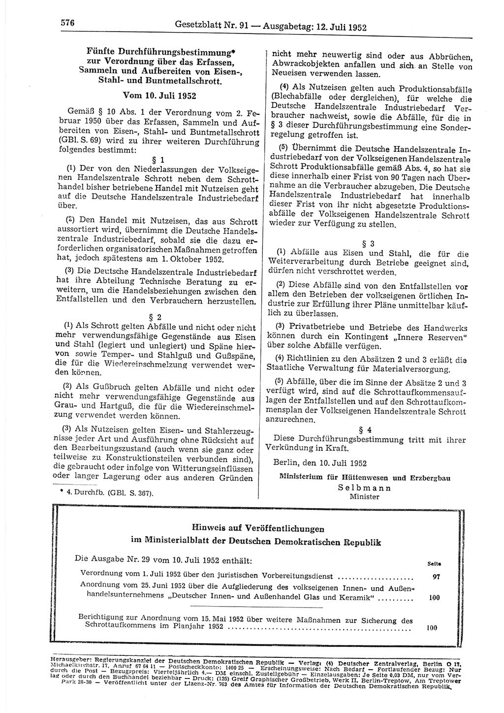 Gesetzblatt (GBl.) der Deutschen Demokratischen Republik (DDR) 1952, Seite 576 (GBl. DDR 1952, S. 576)