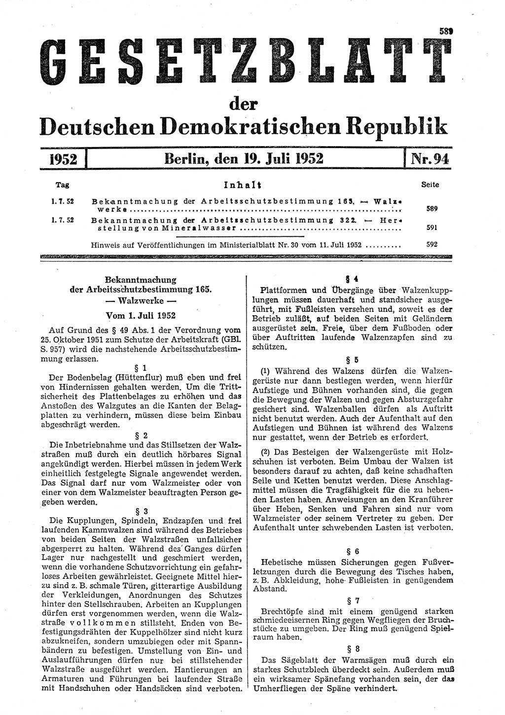 Gesetzblatt (GBl.) der Deutschen Demokratischen Republik (DDR) 1952, Seite 589 (GBl. DDR 1952, S. 589)