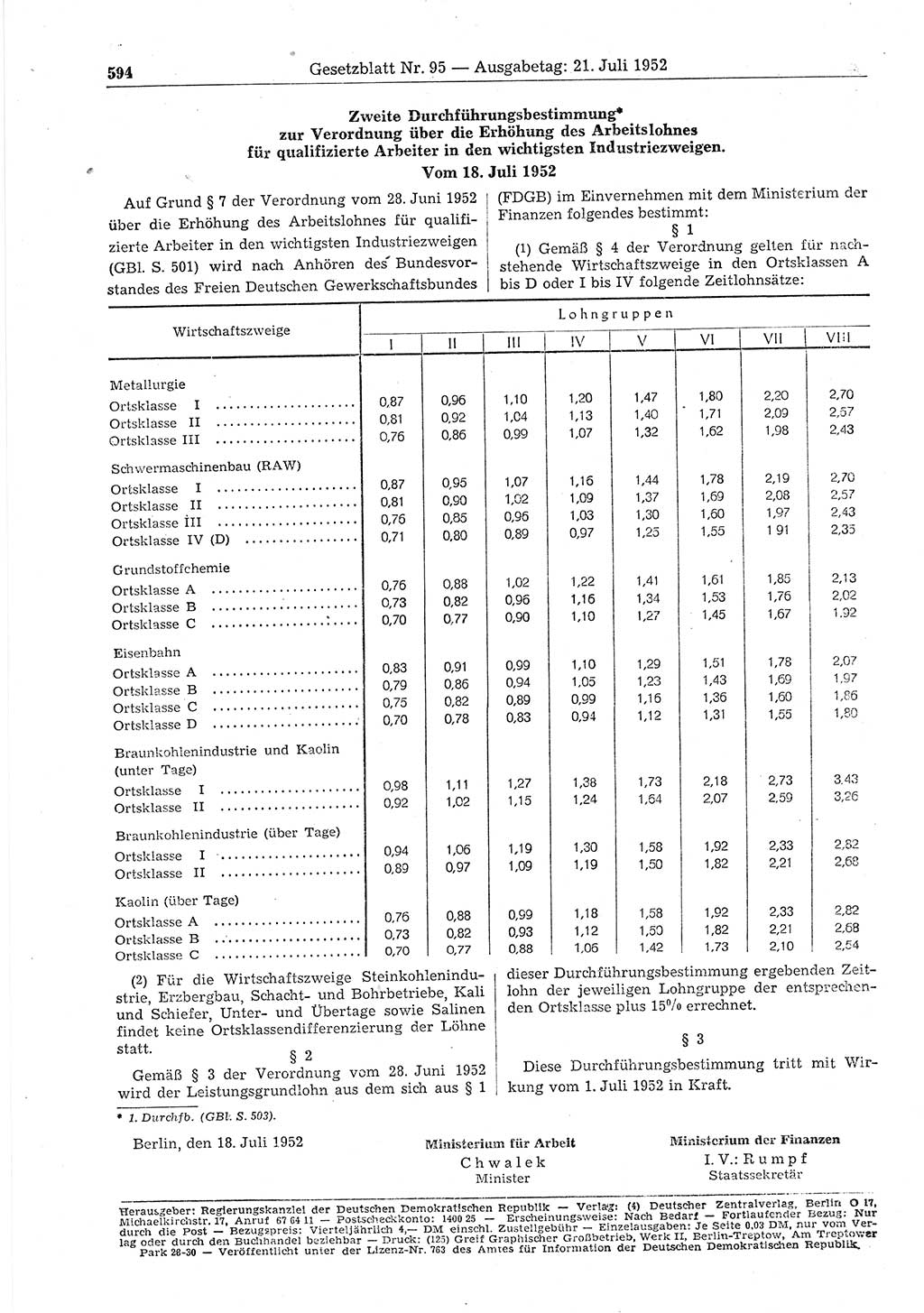 Gesetzblatt (GBl.) der Deutschen Demokratischen Republik (DDR) 1952, Seite 594 (GBl. DDR 1952, S. 594)