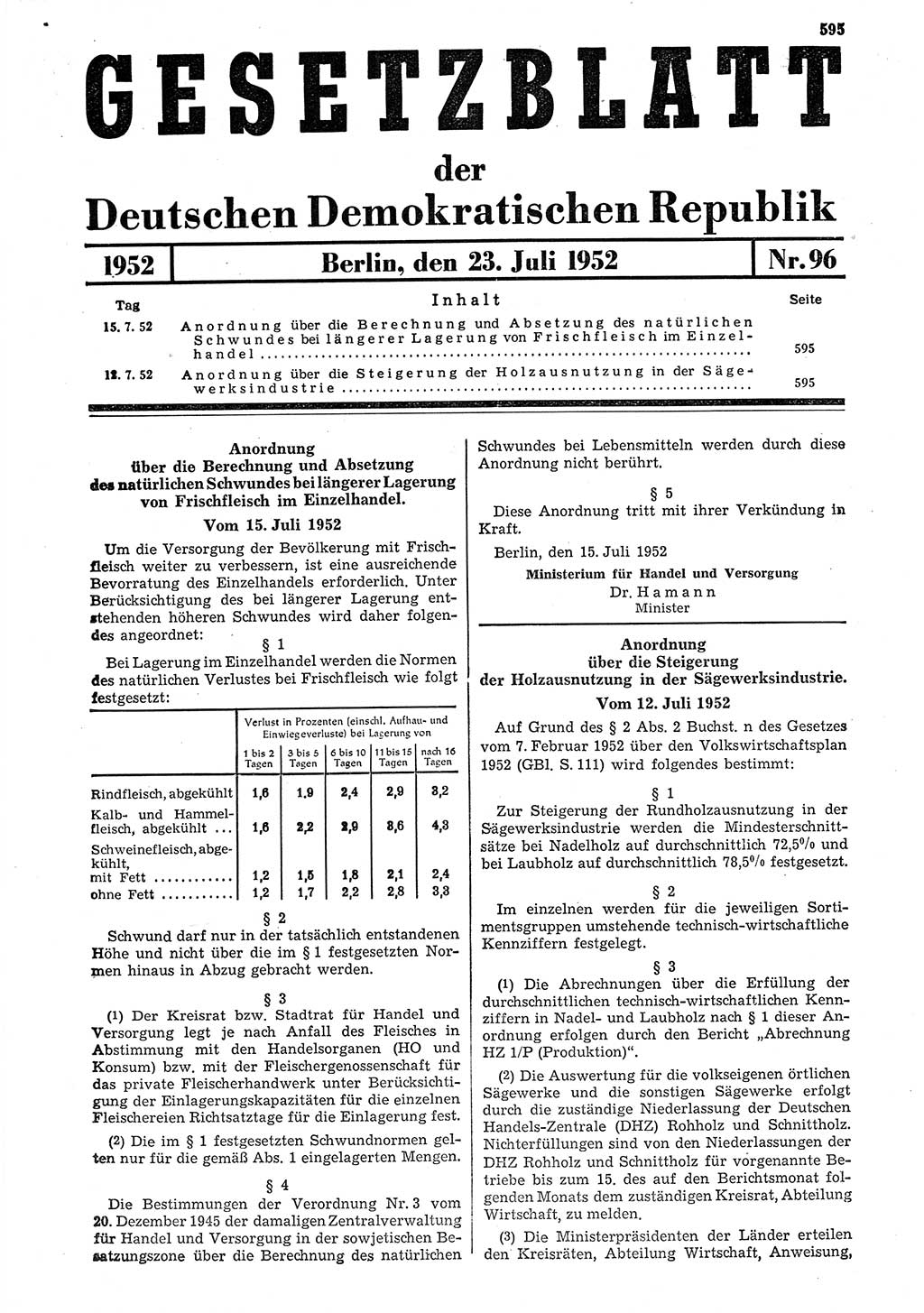 Gesetzblatt (GBl.) der Deutschen Demokratischen Republik (DDR) 1952, Seite 595 (GBl. DDR 1952, S. 595)