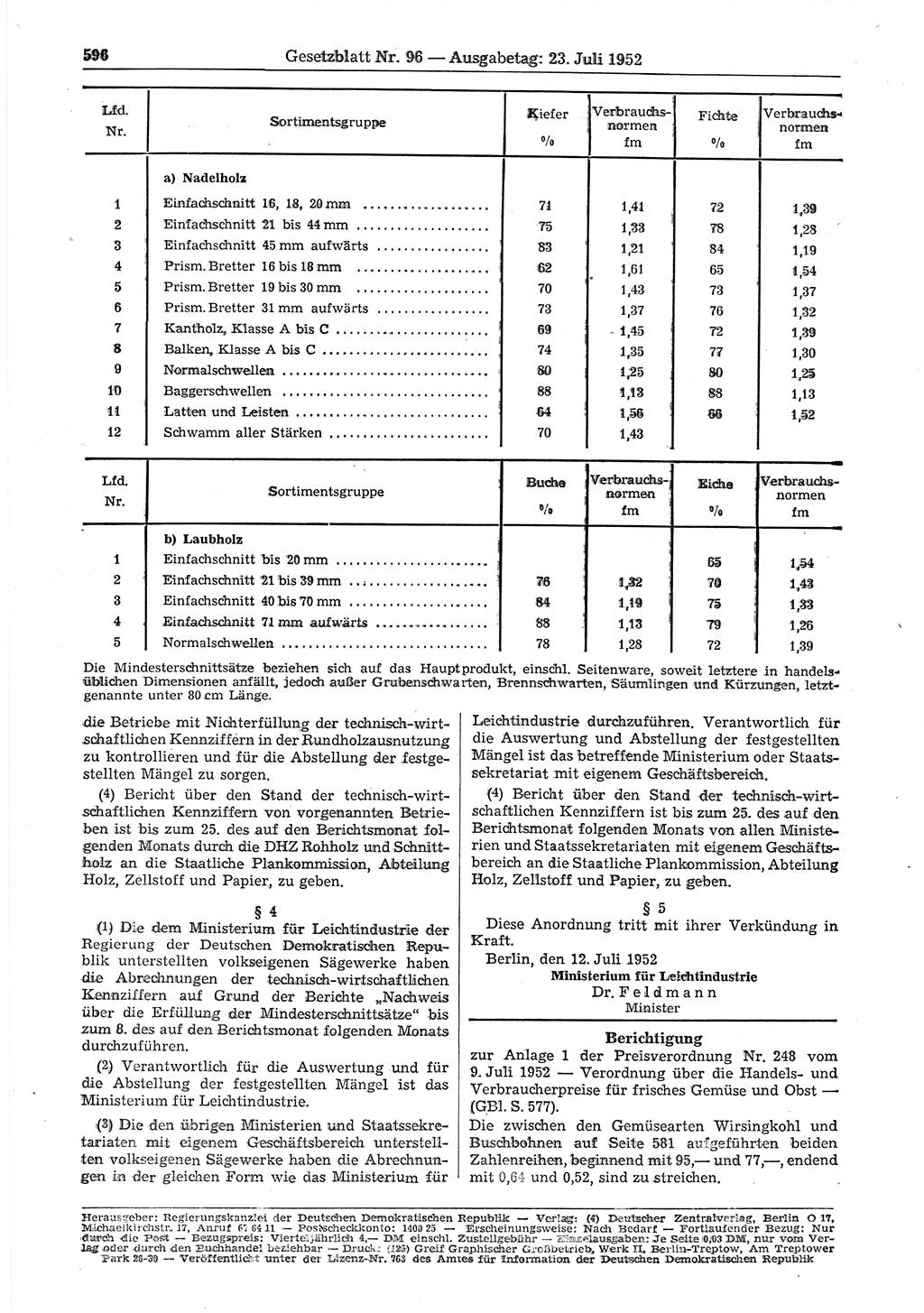 Gesetzblatt (GBl.) der Deutschen Demokratischen Republik (DDR) 1952, Seite 596 (GBl. DDR 1952, S. 596)