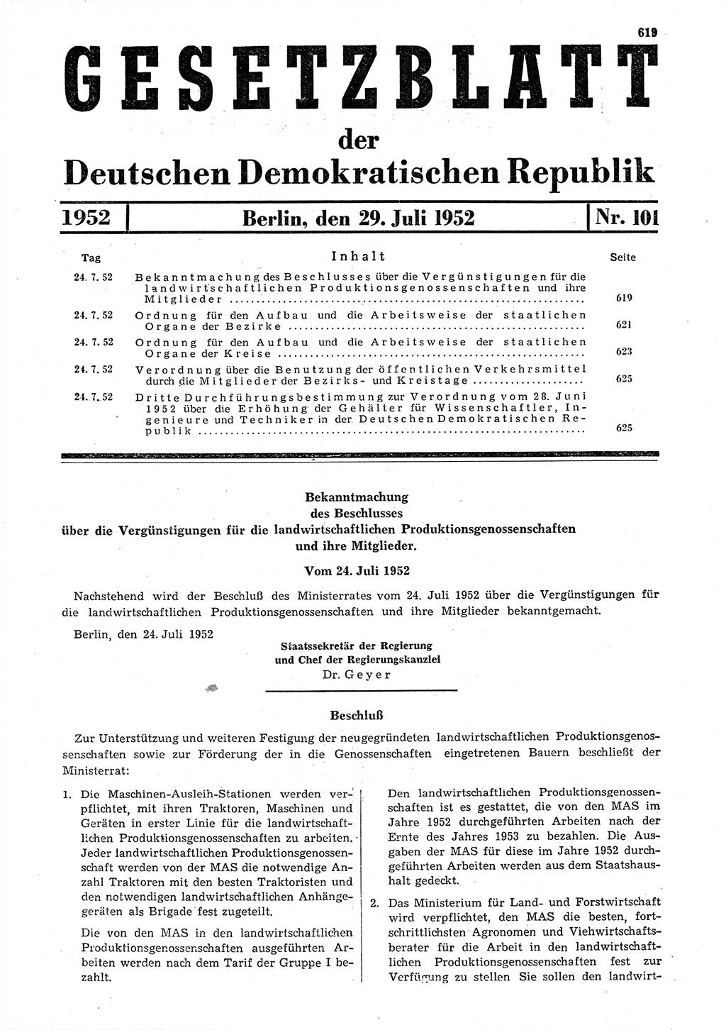 Gesetzblatt (GBl.) der Deutschen Demokratischen Republik (DDR) 1952, Seite 619 (GBl. DDR 1952, S. 619)