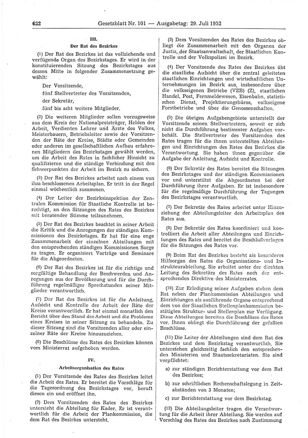 Gesetzblatt (GBl.) der Deutschen Demokratischen Republik (DDR) 1952, Seite 622 (GBl. DDR 1952, S. 622)