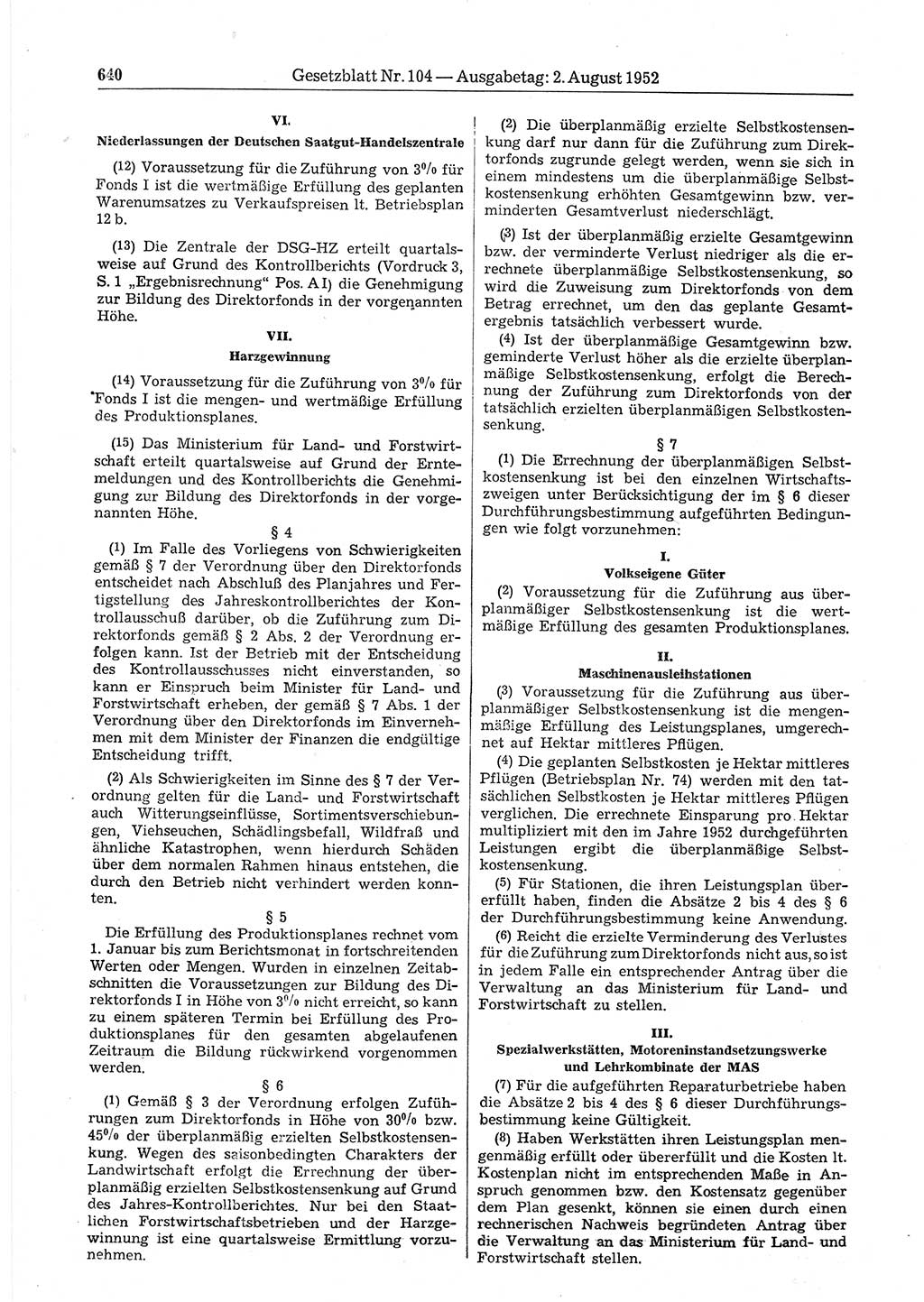 Gesetzblatt (GBl.) der Deutschen Demokratischen Republik (DDR) 1952, Seite 640 (GBl. DDR 1952, S. 640)