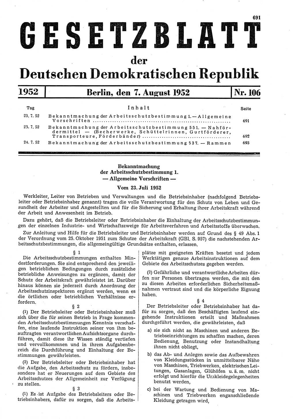 Gesetzblatt (GBl.) der Deutschen Demokratischen Republik (DDR) 1952, Seite 691 (GBl. DDR 1952, S. 691)