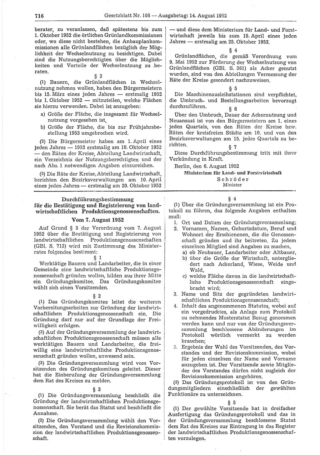 Gesetzblatt (GBl.) der Deutschen Demokratischen Republik (DDR) 1952, Seite 716 (GBl. DDR 1952, S. 716)