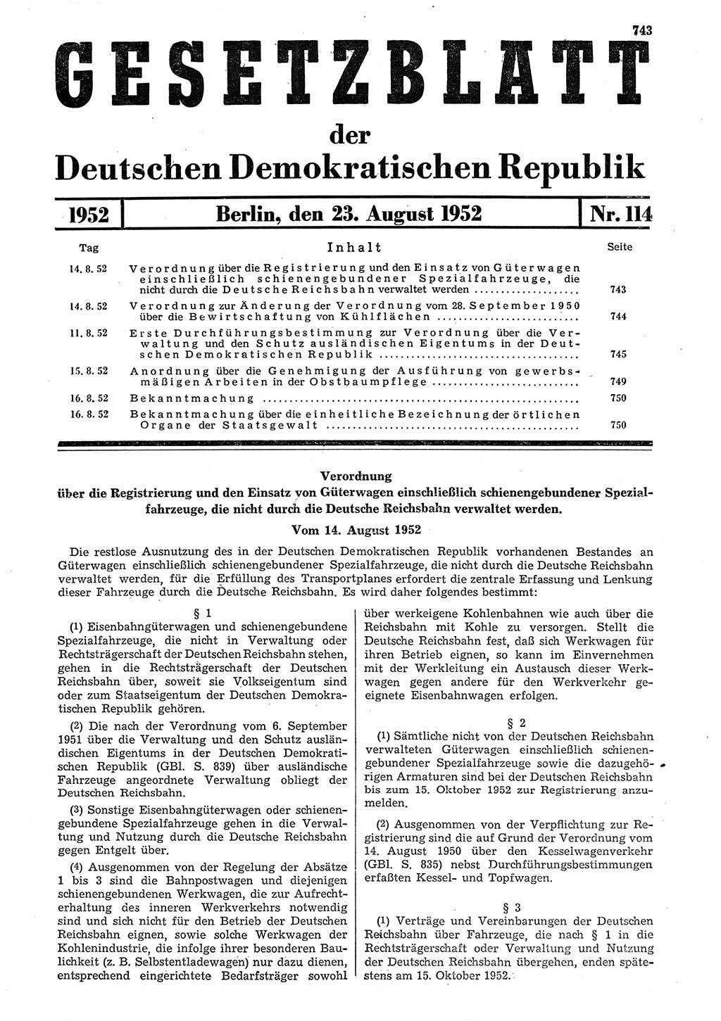 Gesetzblatt (GBl.) der Deutschen Demokratischen Republik (DDR) 1952, Seite 743 (GBl. DDR 1952, S. 743)