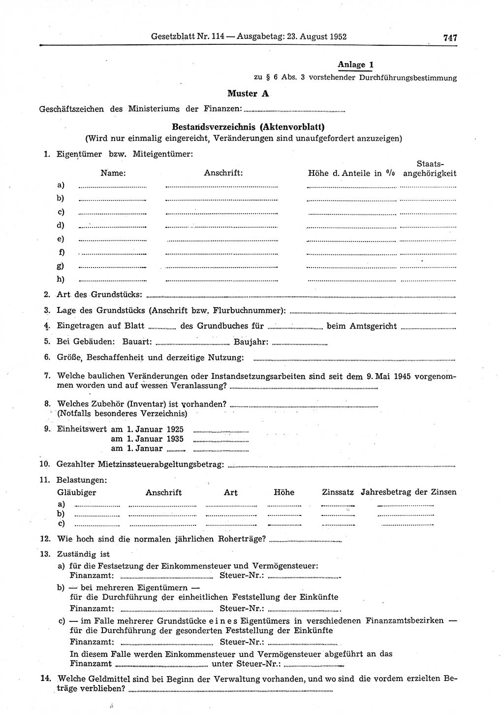 Gesetzblatt (GBl.) der Deutschen Demokratischen Republik (DDR) 1952, Seite 747 (GBl. DDR 1952, S. 747)