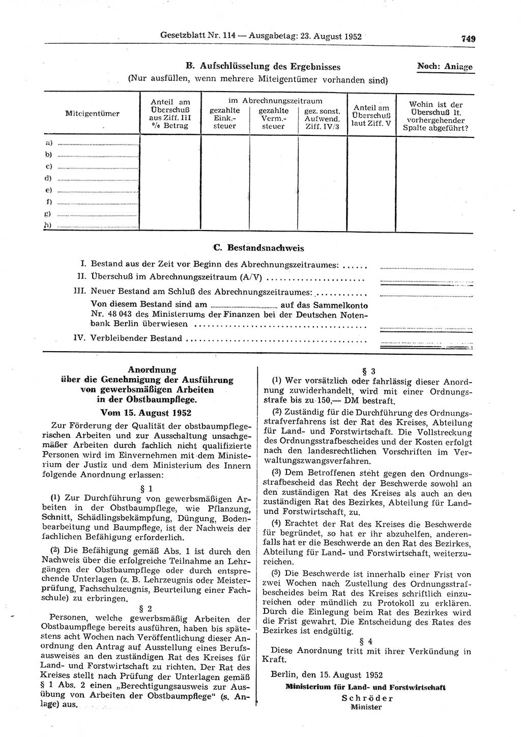 Gesetzblatt (GBl.) der Deutschen Demokratischen Republik (DDR) 1952, Seite 749 (GBl. DDR 1952, S. 749)