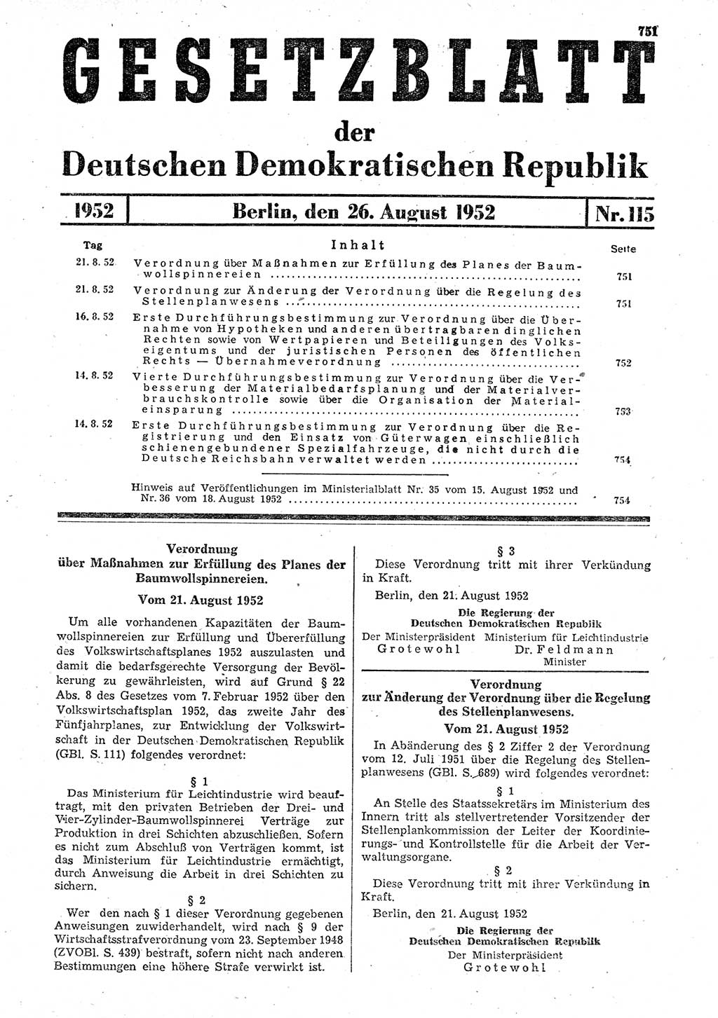 Gesetzblatt (GBl.) der Deutschen Demokratischen Republik (DDR) 1952, Seite 751 (GBl. DDR 1952, S. 751)