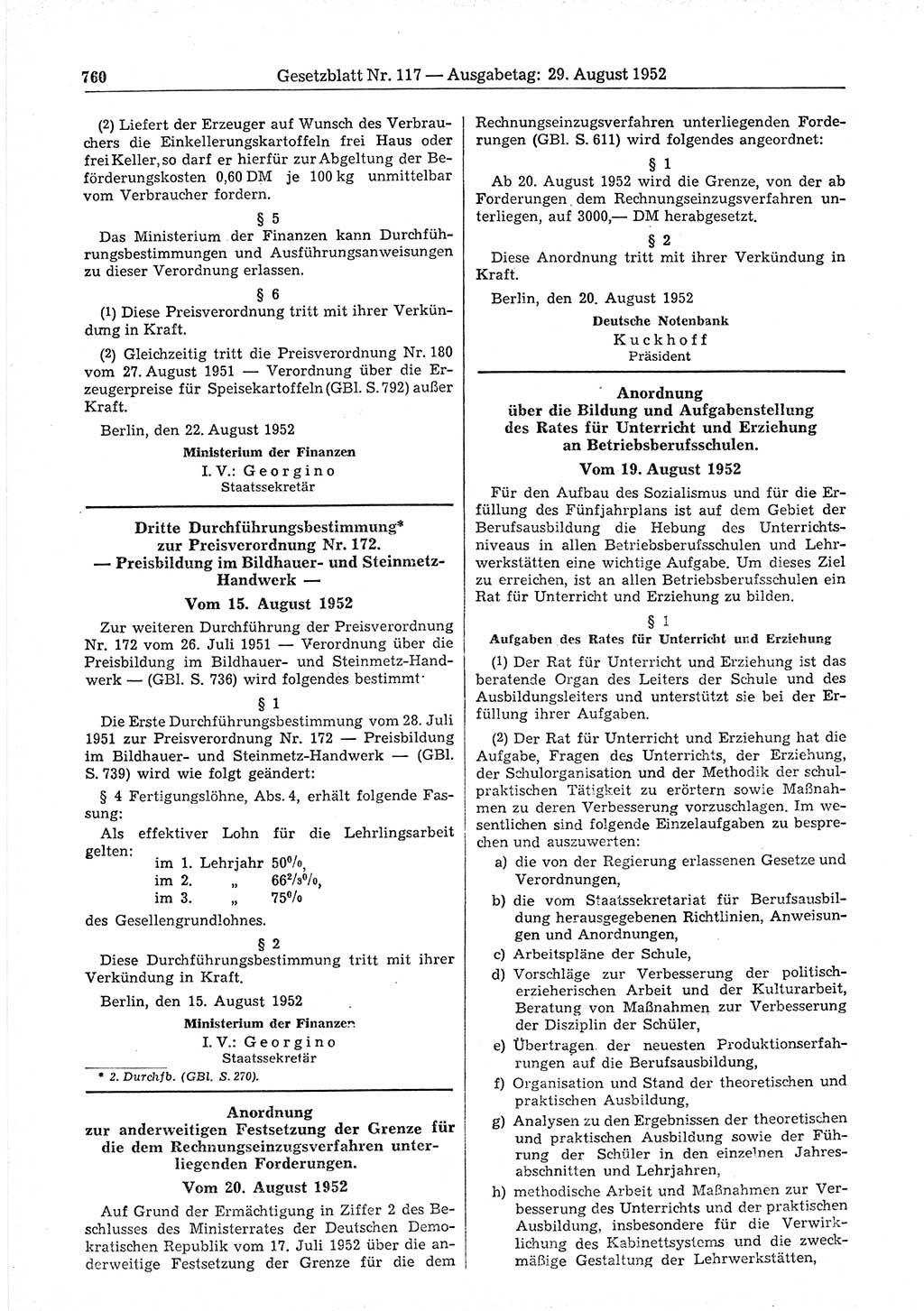 Gesetzblatt (GBl.) der Deutschen Demokratischen Republik (DDR) 1952, Seite 760 (GBl. DDR 1952, S. 760)