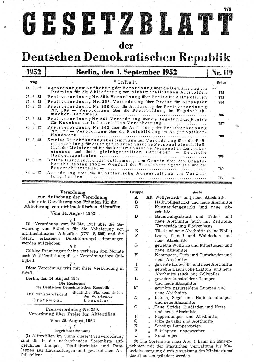 Gesetzblatt (GBl.) der Deutschen Demokratischen Republik (DDR) 1952, Seite 775 (GBl. DDR 1952, S. 775)