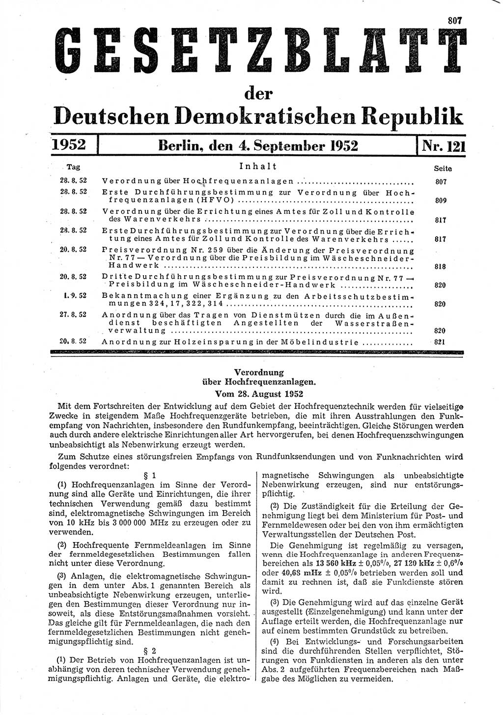 Gesetzblatt (GBl.) der Deutschen Demokratischen Republik (DDR) 1952, Seite 807 (GBl. DDR 1952, S. 807)