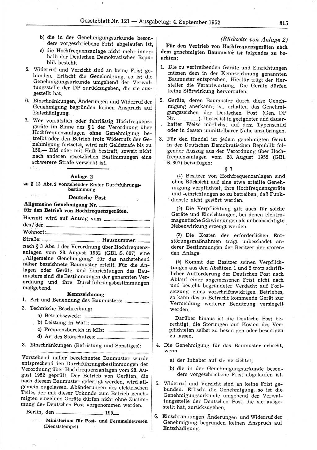 Gesetzblatt (GBl.) der Deutschen Demokratischen Republik (DDR) 1952, Seite 815 (GBl. DDR 1952, S. 815)