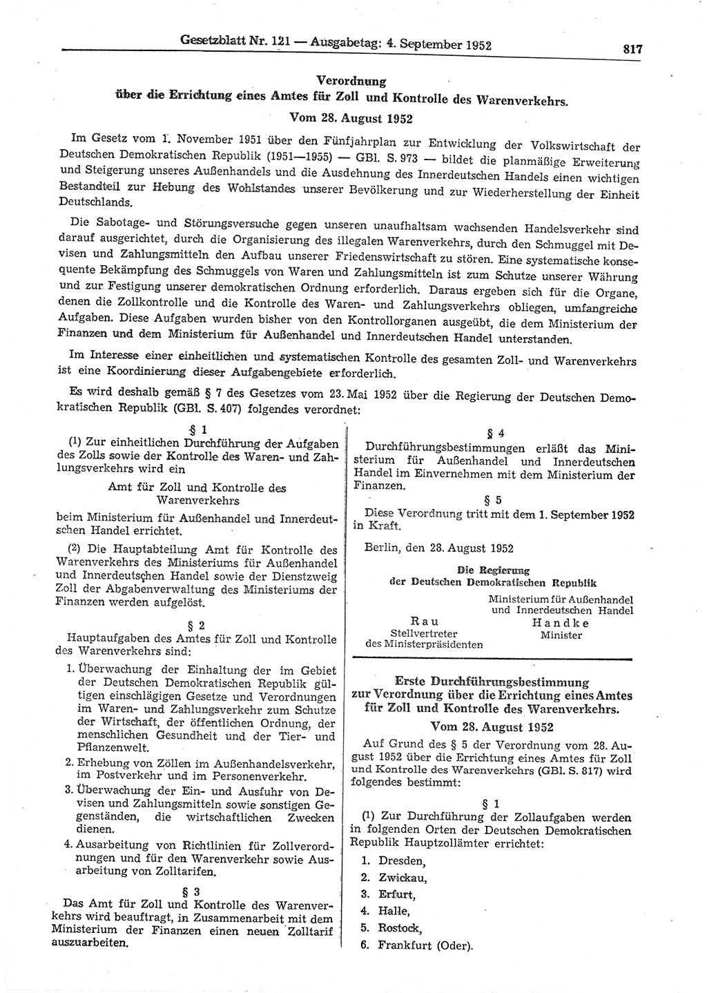 Gesetzblatt (GBl.) der Deutschen Demokratischen Republik (DDR) 1952, Seite 817 (GBl. DDR 1952, S. 817)