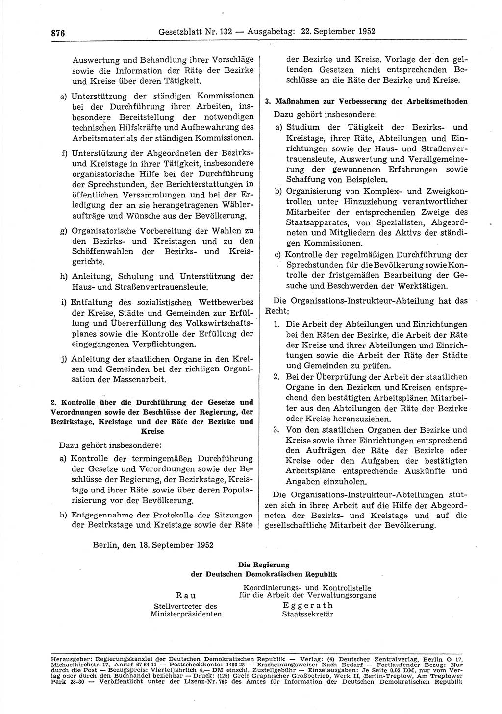 Gesetzblatt (GBl.) der Deutschen Demokratischen Republik (DDR) 1952, Seite 876 (GBl. DDR 1952, S. 876)