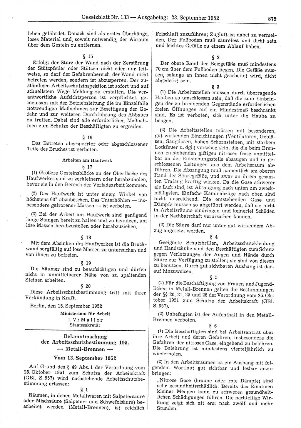 Gesetzblatt (GBl.) der Deutschen Demokratischen Republik (DDR) 1952, Seite 879 (GBl. DDR 1952, S. 879)