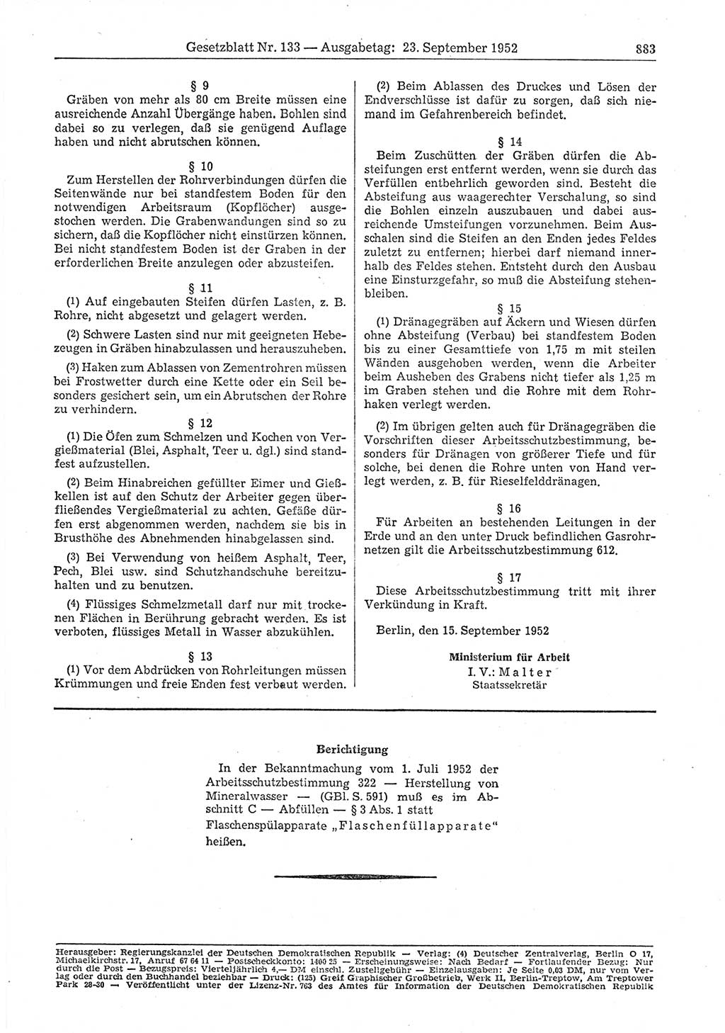 Gesetzblatt (GBl.) der Deutschen Demokratischen Republik (DDR) 1952, Seite 883 (GBl. DDR 1952, S. 883)
