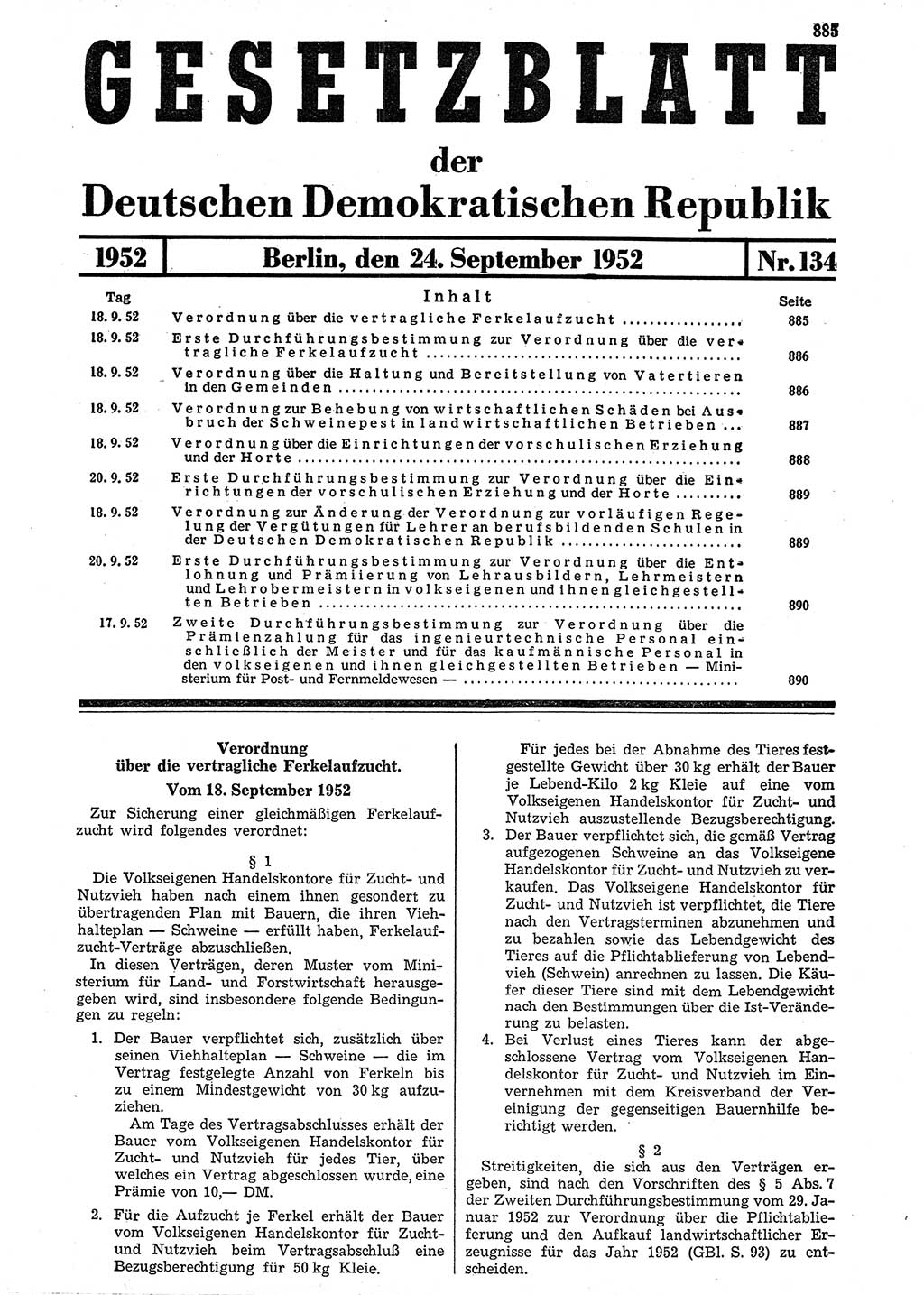 Gesetzblatt (GBl.) der Deutschen Demokratischen Republik (DDR) 1952, Seite 885 (GBl. DDR 1952, S. 885)