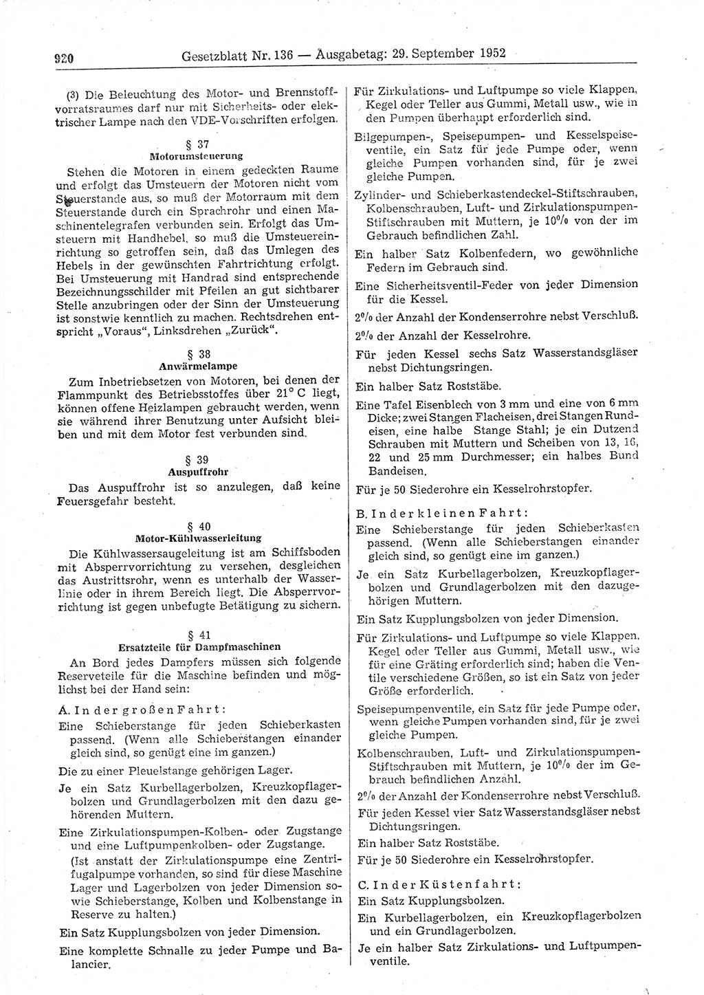 Gesetzblatt (GBl.) der Deutschen Demokratischen Republik (DDR) 1952, Seite 920 (GBl. DDR 1952, S. 920)