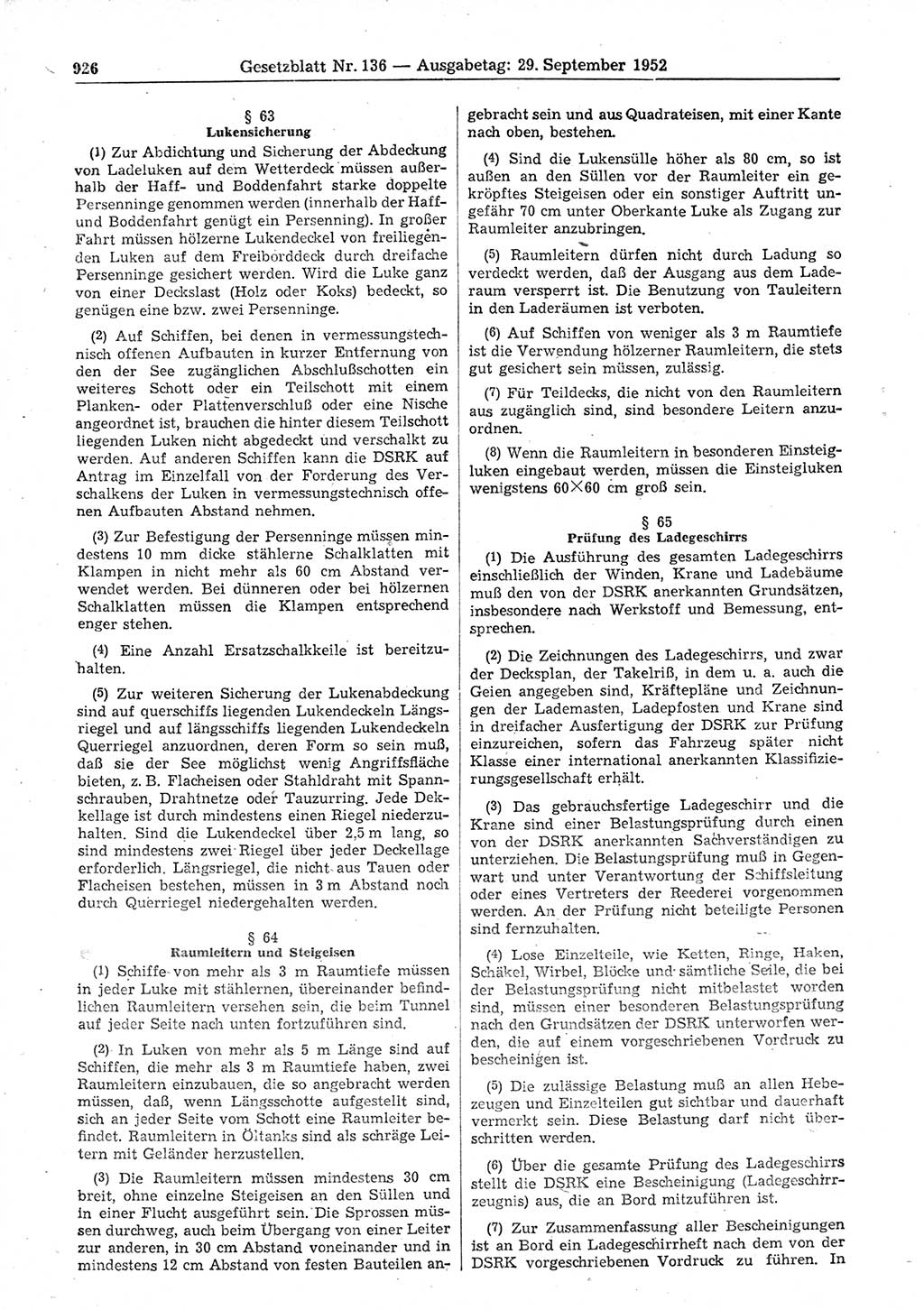 Gesetzblatt (GBl.) der Deutschen Demokratischen Republik (DDR) 1952, Seite 926 (GBl. DDR 1952, S. 926)