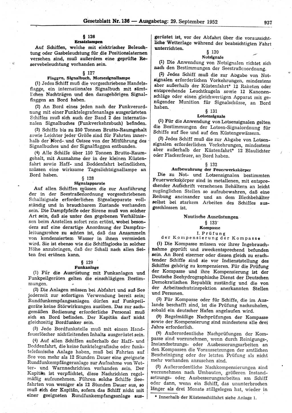 Gesetzblatt (GBl.) der Deutschen Demokratischen Republik (DDR) 1952, Seite 937 (GBl. DDR 1952, S. 937)