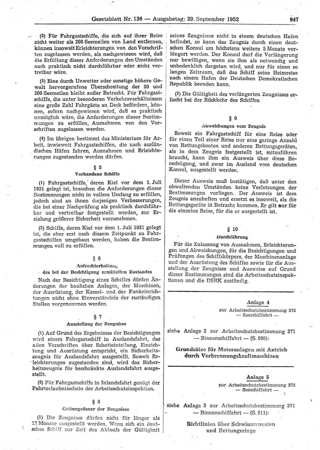 Gesetzblatt (GBl.) der Deutschen Demokratischen Republik (DDR) 1952, Seite 947 (GBl. DDR 1952, S. 947)